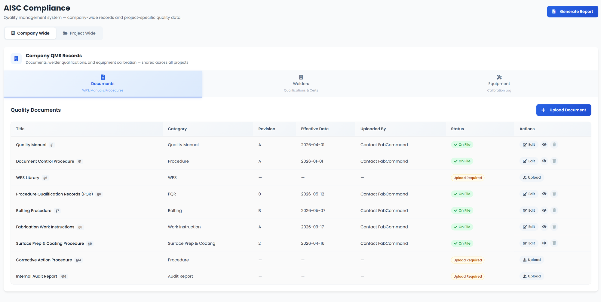 FabCommand AISC Compliance — company QMS records with quality documents, revisions, and upload status