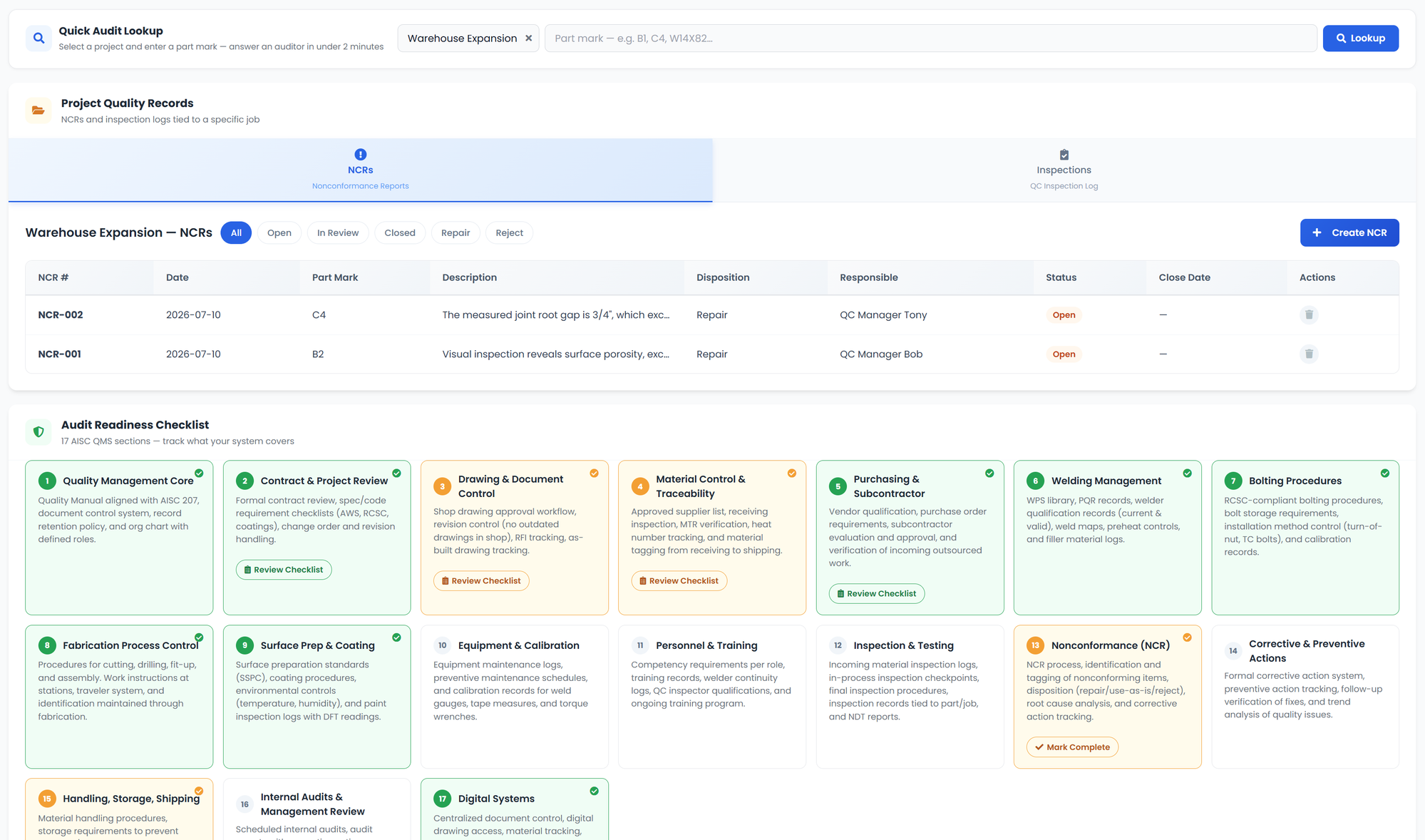 FabCommand AISC Compliance — quick audit lookup, project NCRs, and 17-section audit readiness checklist